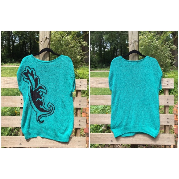 80’s Vintage Teal Sweater, Extra Long, Stretchy - Picture 6 of 6